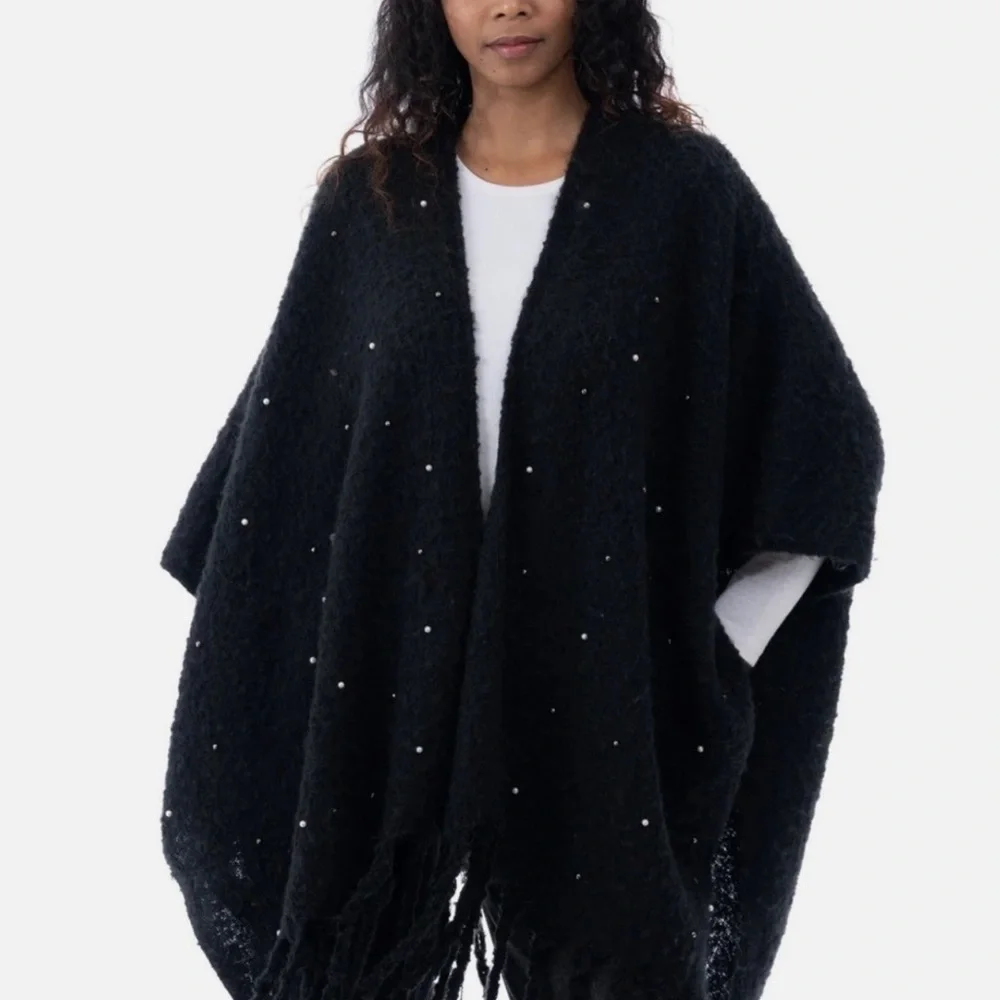 NEW Women’s INC Black Knit Crystal Embellished Topper Wrap - Picture 4 of 5